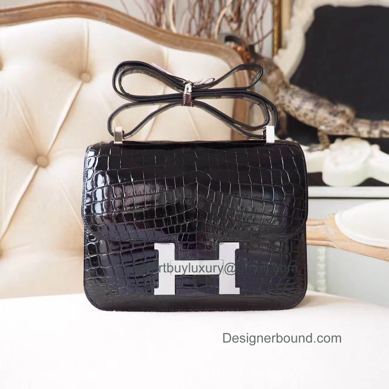 Hermes Constance 23 Bag in ck89 Noir Shiny Nile Croc PHW